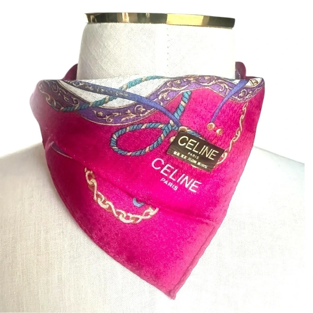Celine Silk Scarf Duo Set Carriage Print & Ribbon Ropes 100% Silk 18” Squares
